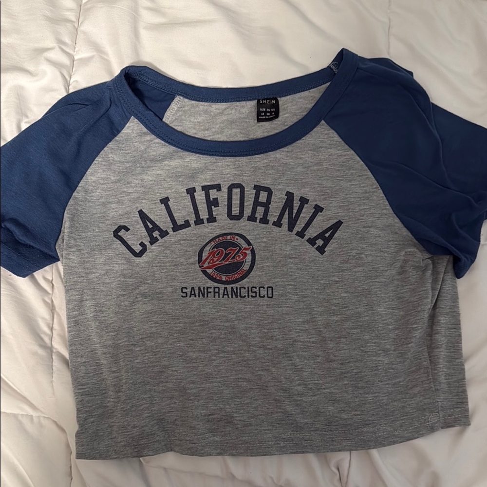 Blue and Gray Cropped Tee with California Design